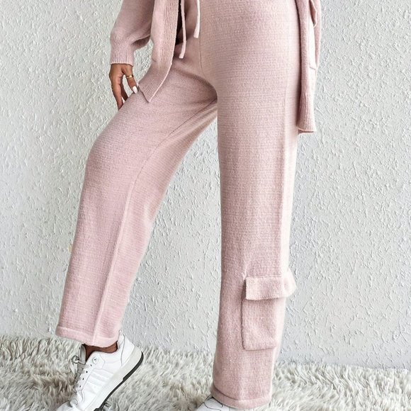 Pink Casual Womens Drop Shoulder Cardigan & Tie Front Knit Pants - Picture 5 of 6